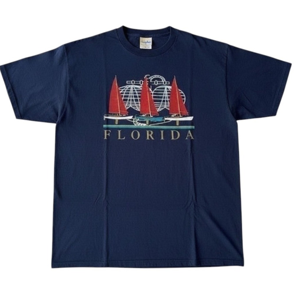 Mossimo VTG 90's Florida Sailboat Graphic T-Shirt Mens Large Navy Blue USA Made